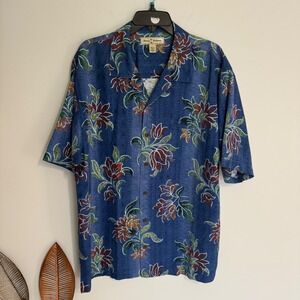 Tommy Bahama Mens Large Silk Camp Shirt Blue Floral Tropical Short Sleeve Button